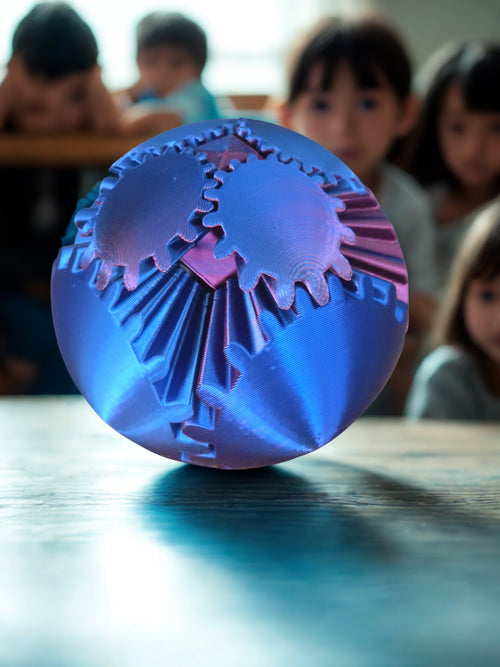 Blue and pink 3D printed gear sphere fidget spinners designed for sensory play, stress relief, and focus support for kids and adults.”