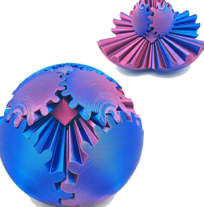 Blue and pink 3D printed gear sphere fidget spinners designed for sensory play, stress relief, and focus support for kids and adults.”