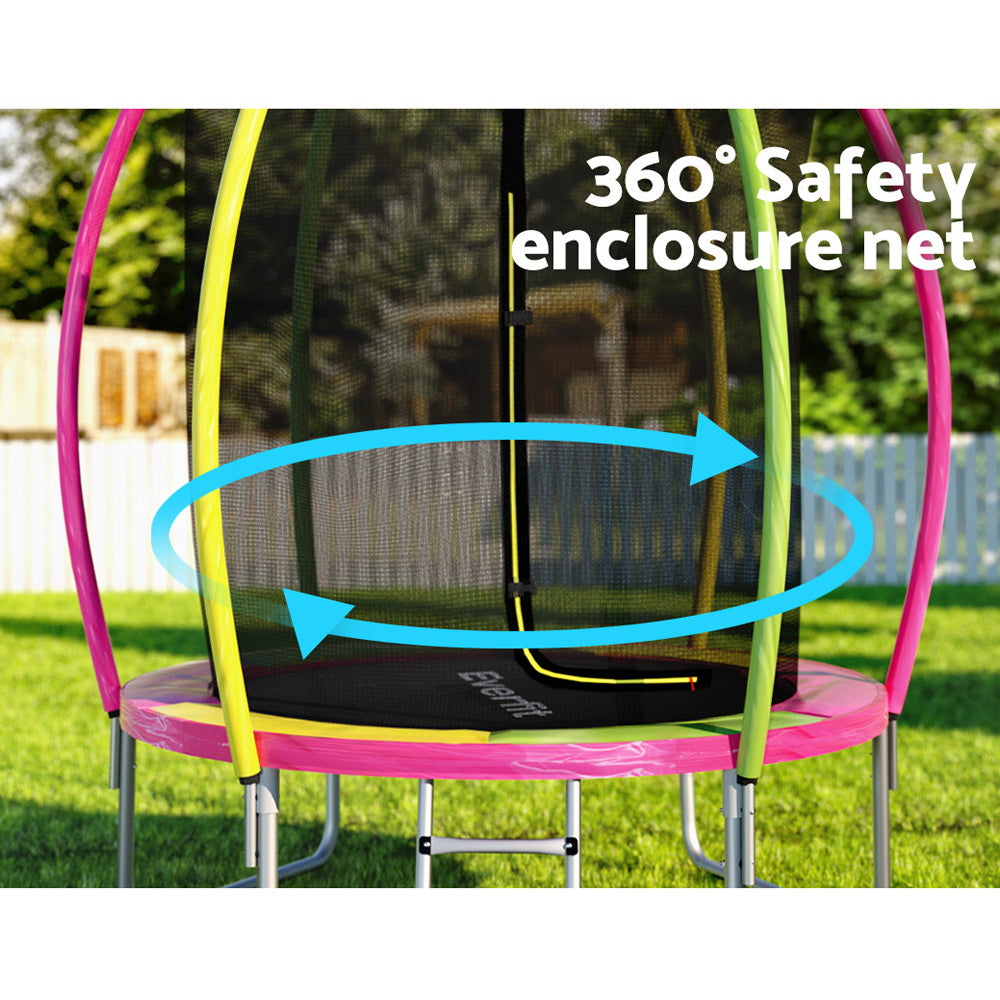 Trampoline with a 360-degree safety enclosure net in an outdoor setting.