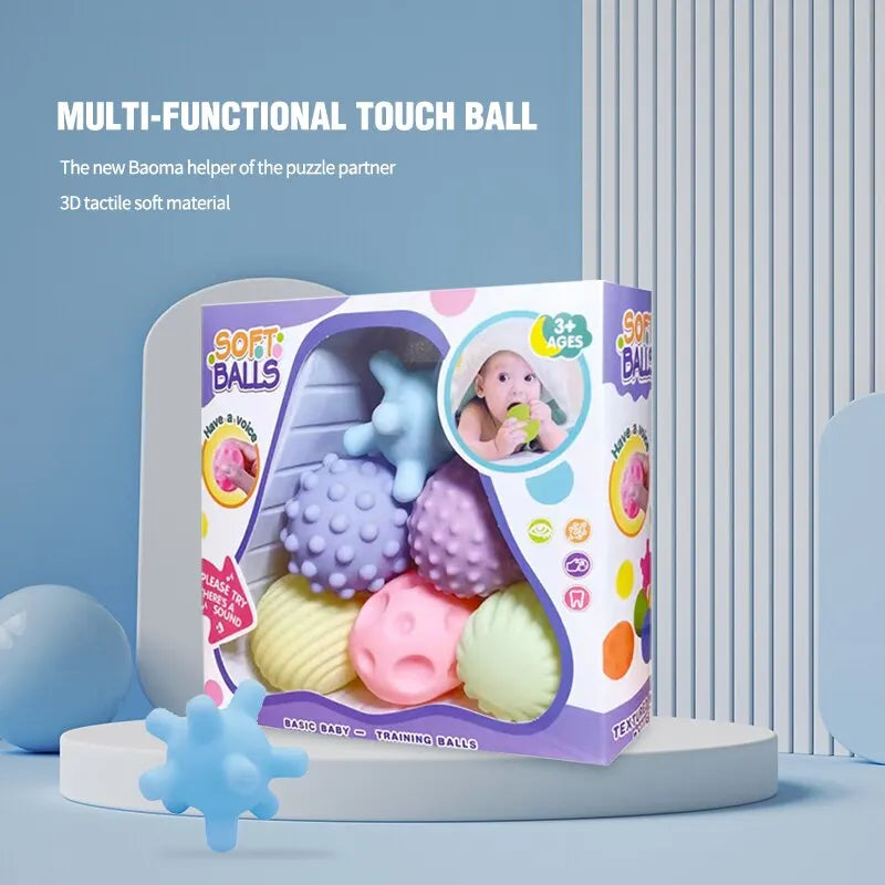 Box of Soft Balls toy with colorful balls on a blue background