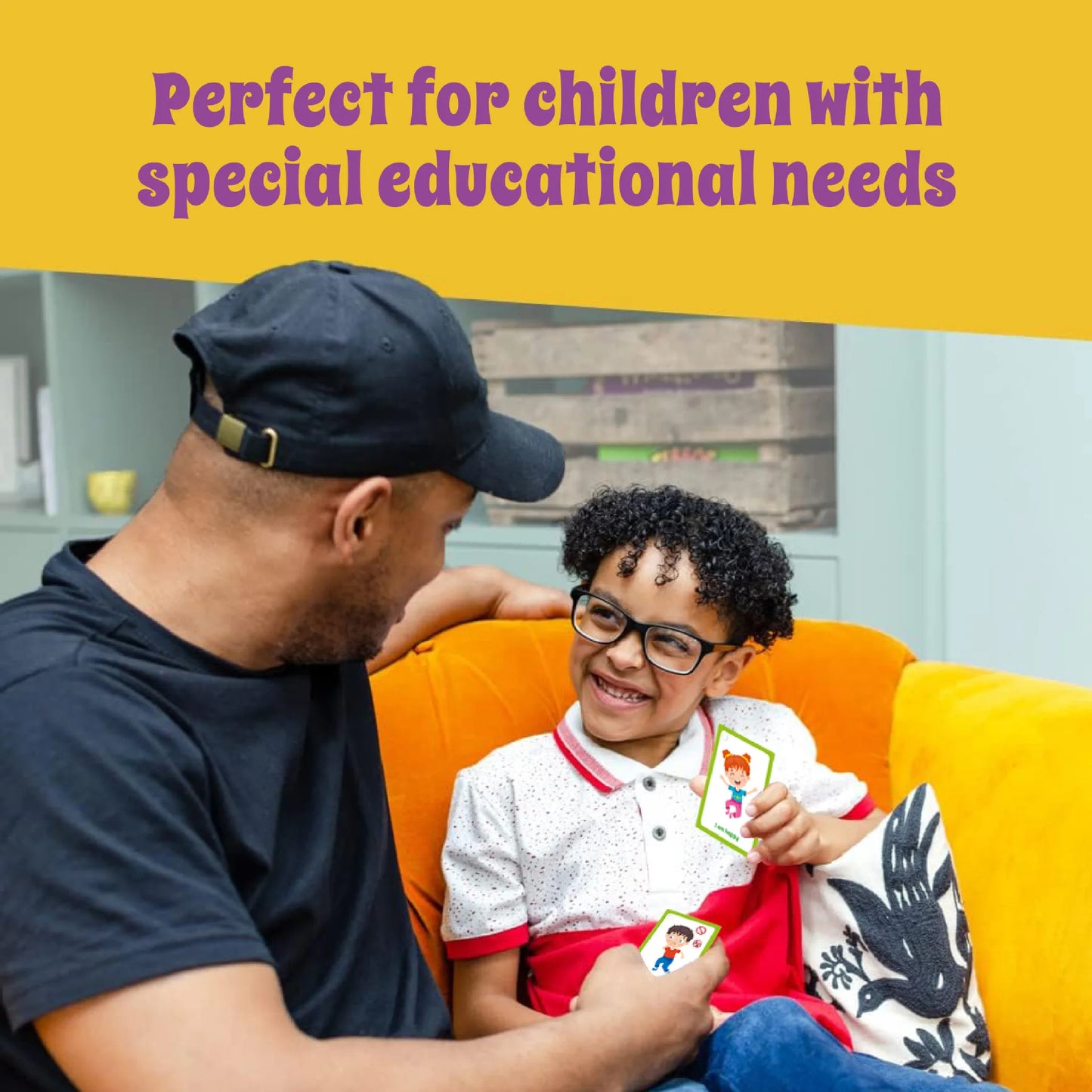 Man and child sitting on an orange couch with a yellow banner above them stating 'Perfect for children with special educational needs'.