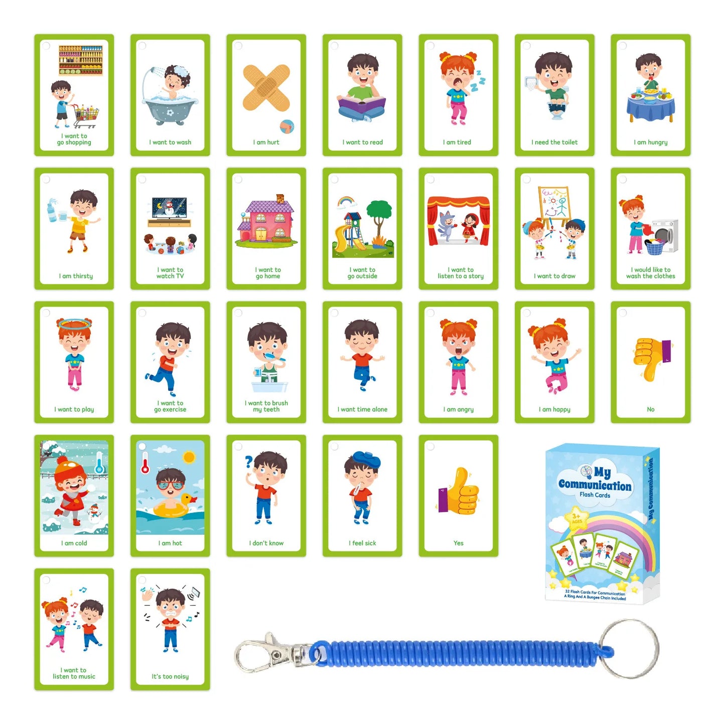 Set of educational cards with illustrations and a blue lanyard on a white background