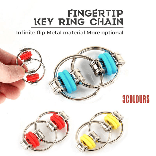 Fingertip key ring chain with metal material and three color options displayed on a white background.