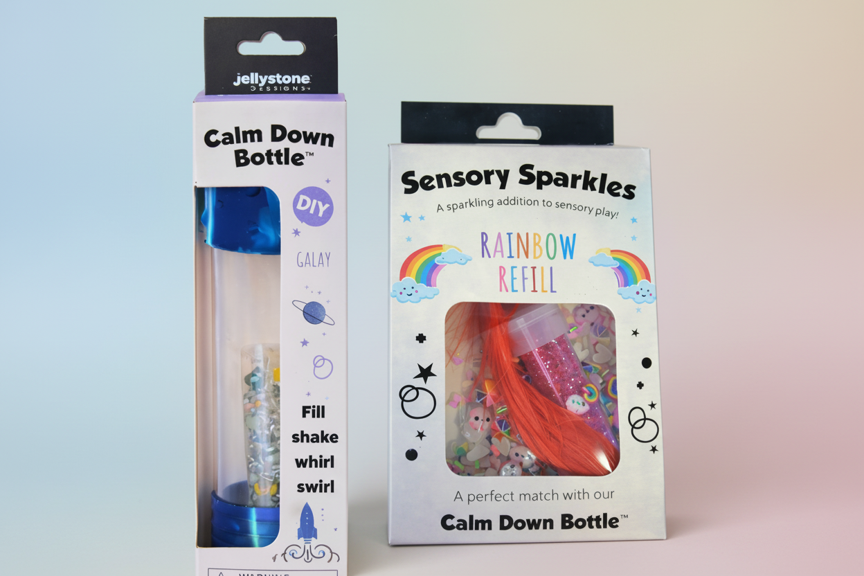 Two products, a 'Calm Down Bottle' and 'Sensory Sparkles Rainbow Refill