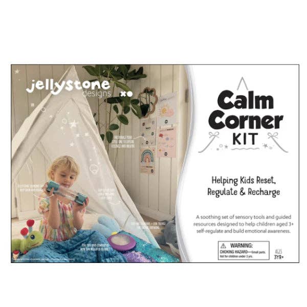 Jellystone Designs Calm Corner Sensory Kit showing a child exploring sensory tools inside a calm corner tent