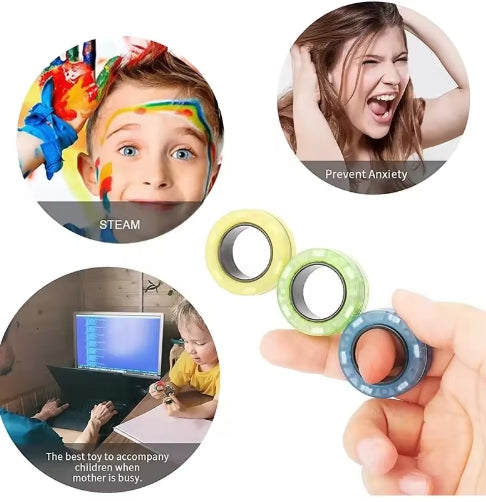 Colorful fidget spinner held by a hand, with images of children and text about anxiety prevention and STEM education.
