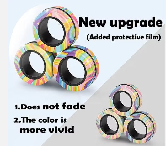 Colorful fidget spinner with added protective film on a light gray background