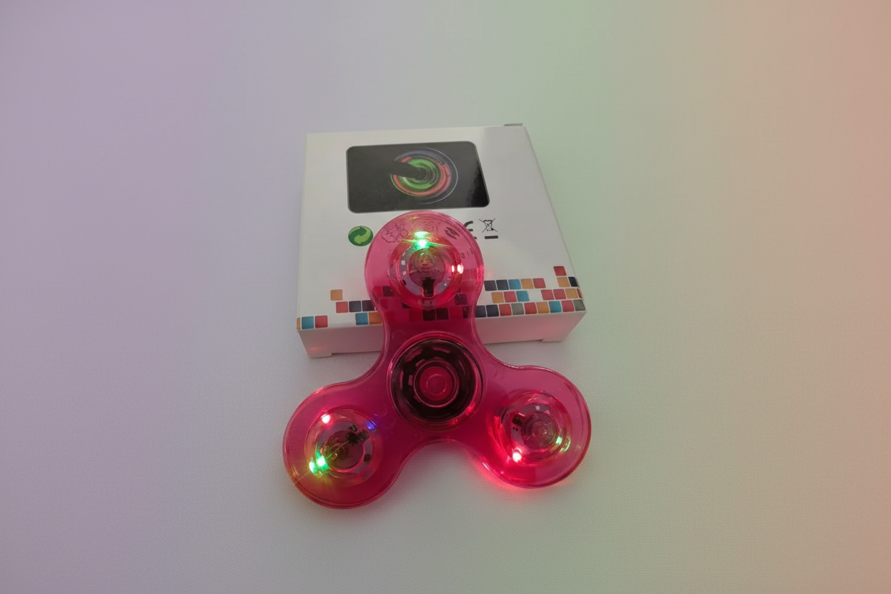 Pink fidget spinner with LED lights in front of its packaging box.