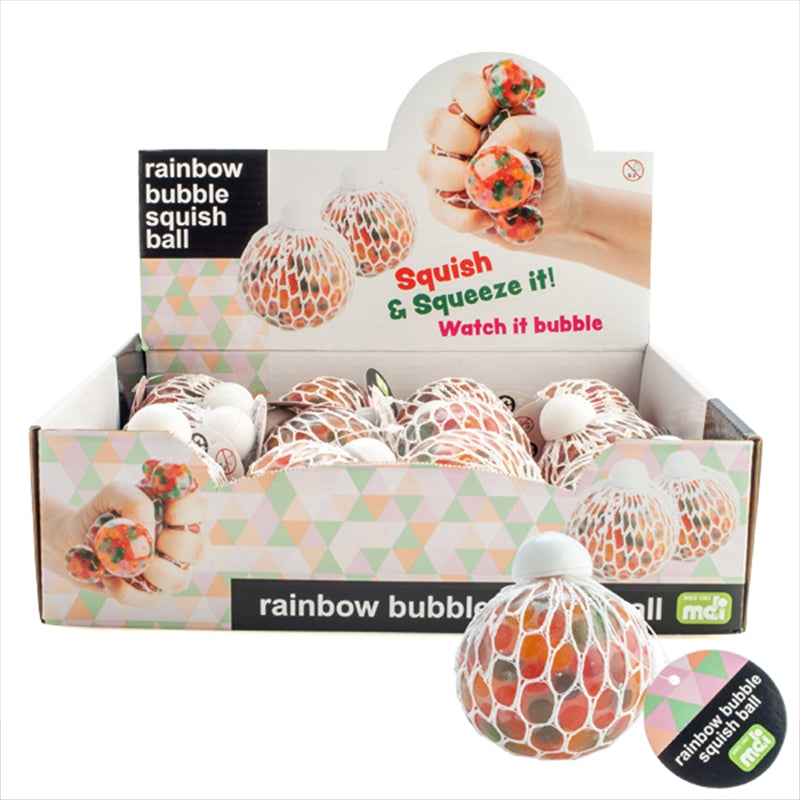 Box of rainbow bubble squish ball with colorful packaging and text.