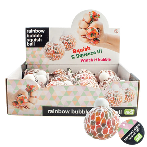 Box of rainbow bubble squish ball with colorful packaging and text.