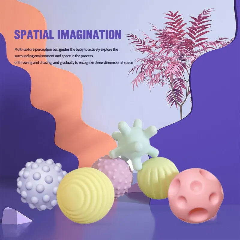 Colorful textured balls on a purple background with text about spatial imagination.