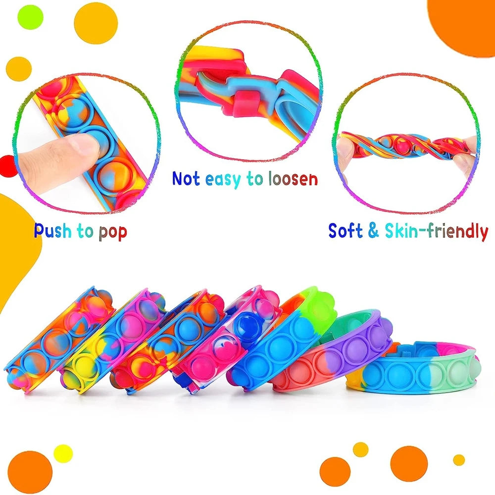 Colorful pop-it fidget toys with text indicating features on a white background
