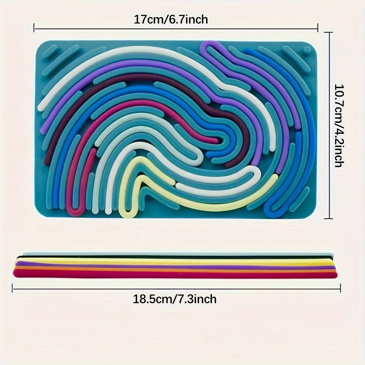 Colorful interlocking foam pieces with dimensions indicated on a beige background