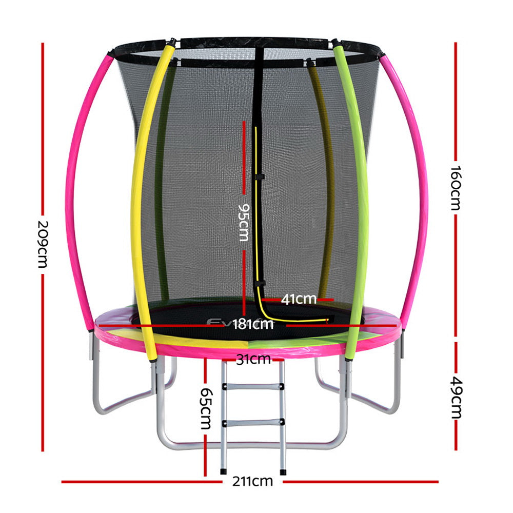 Trampoline with colorful safety net and dimensions marked on a white background