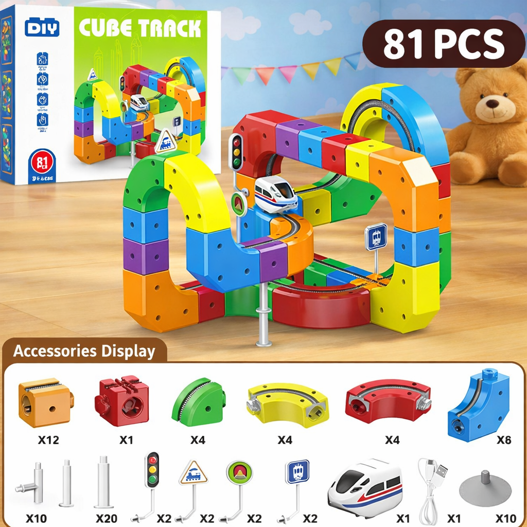 Cube Track DIY 81-piece toy set featuring a large colourful cube train track with arches and loops, toy train, full accessories layout, and product box displayed on a clean background.”