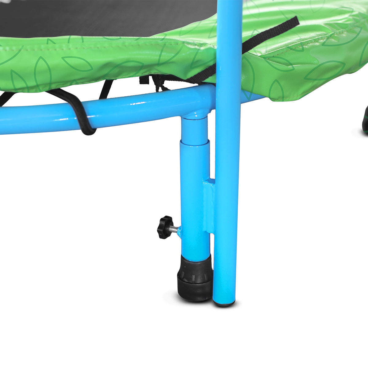 Green trampoline with blue frame on a white background