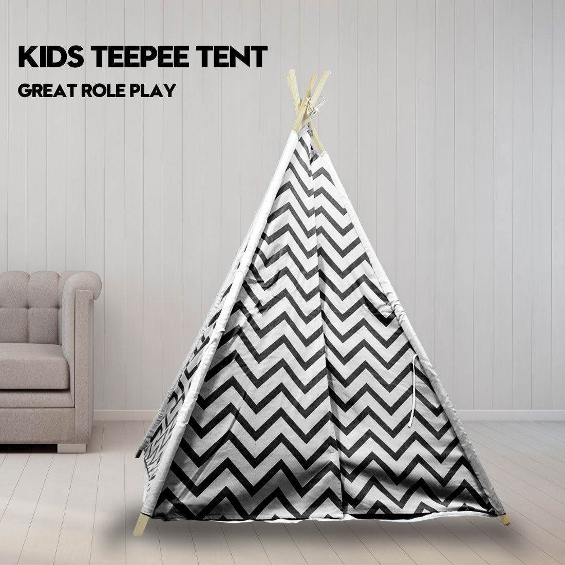 Giant Cotton Canvas Kids Teepee Wigwam Children Pretend Play Tent Indoor Outdoor Party - Black