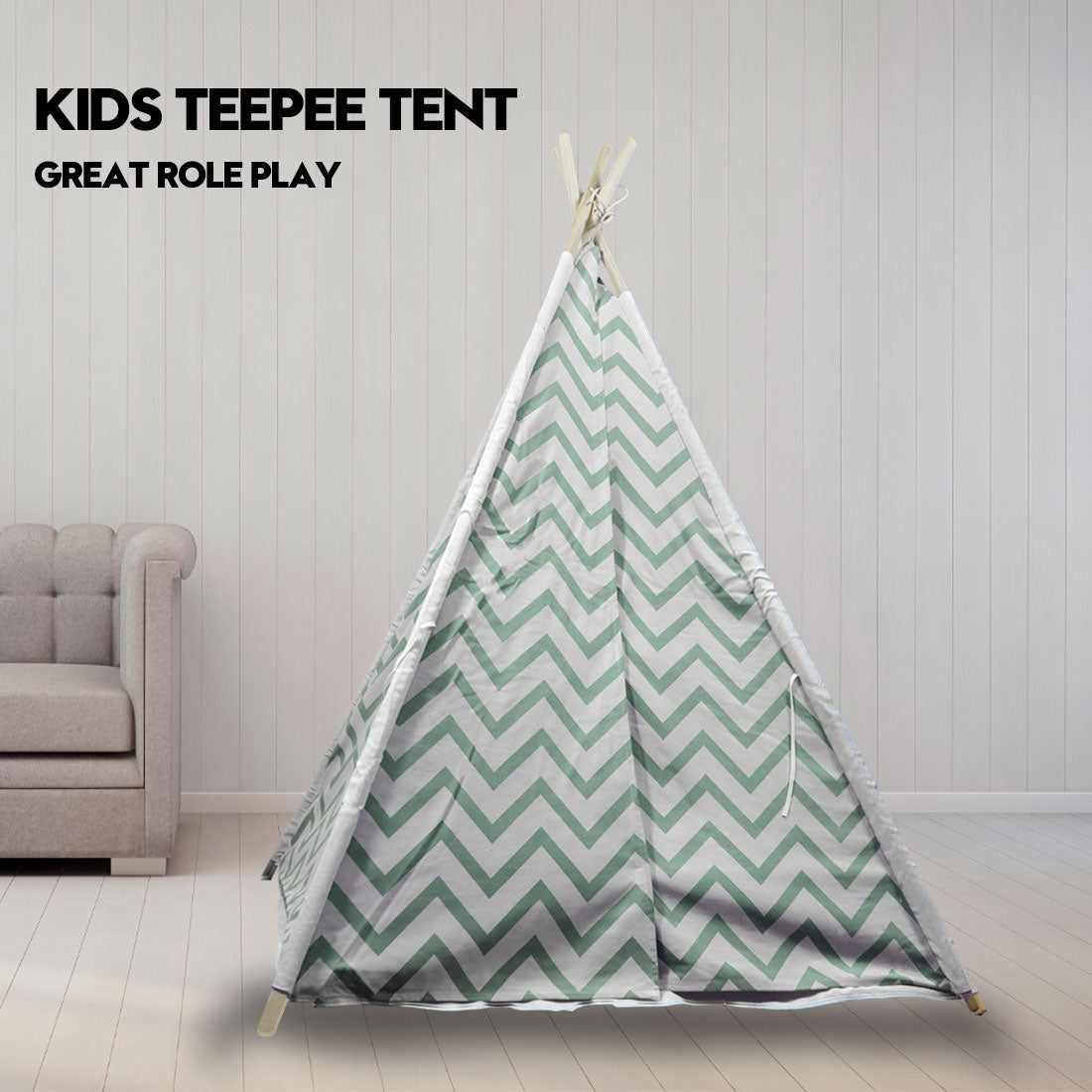 Giant Cotton Canvas Kids Teepee Wigwam Children Pretend Play Tent Indoor Outdoor Party - Green