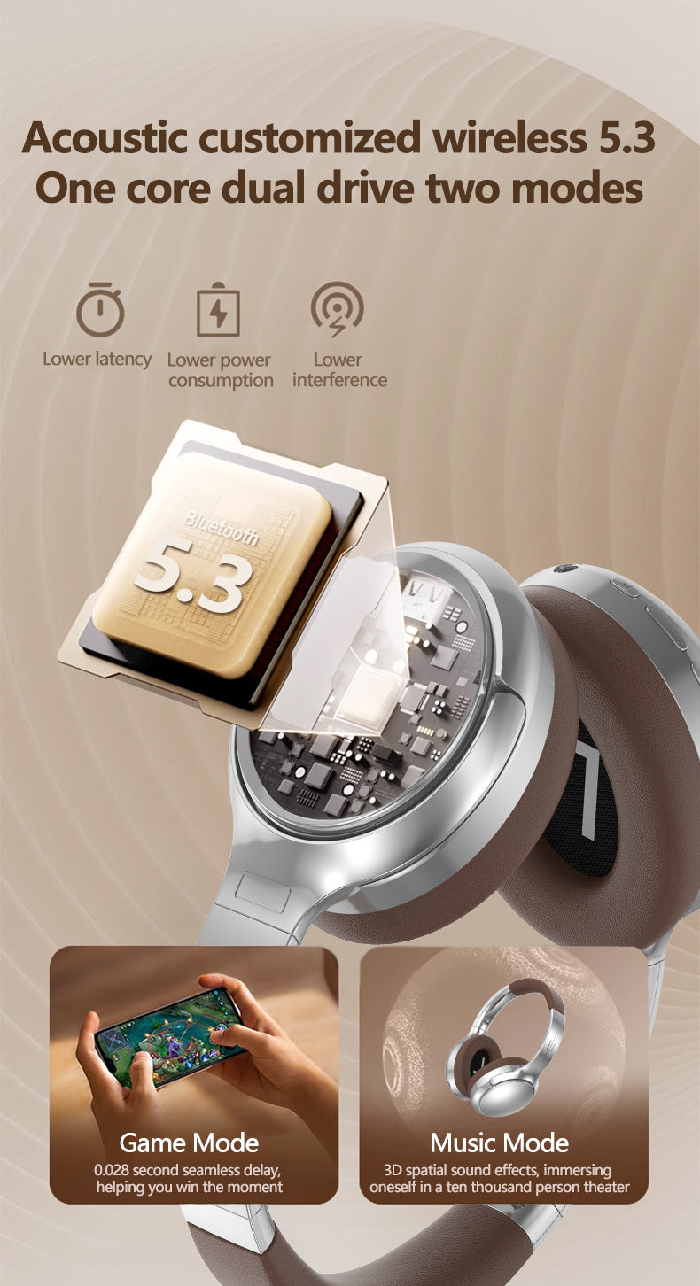 Wireless earbud with technical specifications and mode illustrations on a beige background