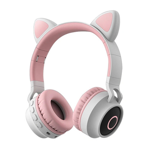 Pink-Adorable Cat Ear Wireless Headphones - Bluetooth 5.0, Foldable Design, Glowing RGB LED Lights - Cute Grey Headset