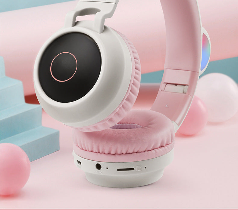 Pink-Adorable Cat Ear Wireless Headphones - Bluetooth 5.0, Foldable Design, Glowing RGB LED Lights - Cute Grey Headset
