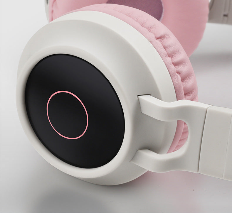 Pink-Adorable Cat Ear Wireless Headphones - Bluetooth 5.0, Foldable Design, Glowing RGB LED Lights - Cute Grey Headset