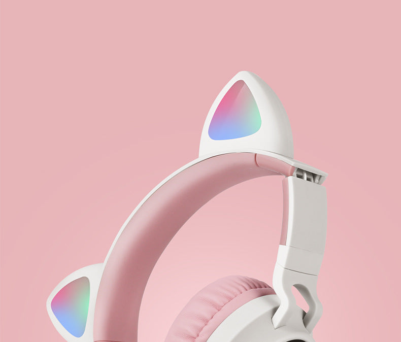 Pink-Adorable Cat Ear Wireless Headphones - Bluetooth 5.0, Foldable Design, Glowing RGB LED Lights - Cute Grey Headset