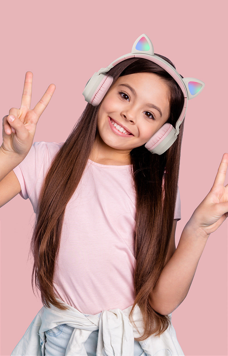 Pink-Adorable Cat Ear Wireless Headphones - Bluetooth 5.0, Foldable Design, Glowing RGB LED Lights - Cute Grey Headset