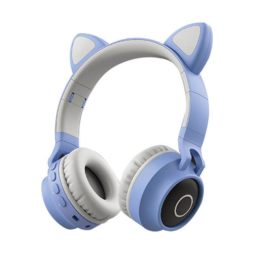 Blue-Adorable Cat Ear Wireless Headphones - Bluetooth 5.0, Foldable Design, Glowing RGB LED Lights - Cute Light Blue Headset