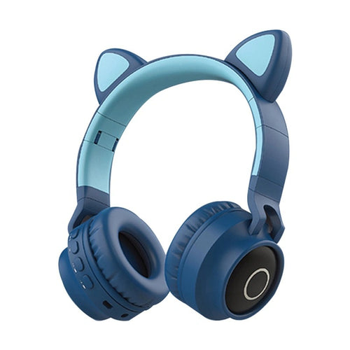 Dark Blue-Adorable Cat Ear Wireless Headphones - Bluetooth 5.0, Foldable Design, Glowing RGB LED Lights - Cute Dark Blue Headset
