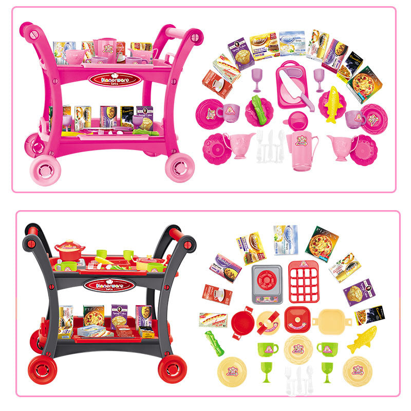 Pink Children's Pretend Play Kitchen Cart Set with Toys