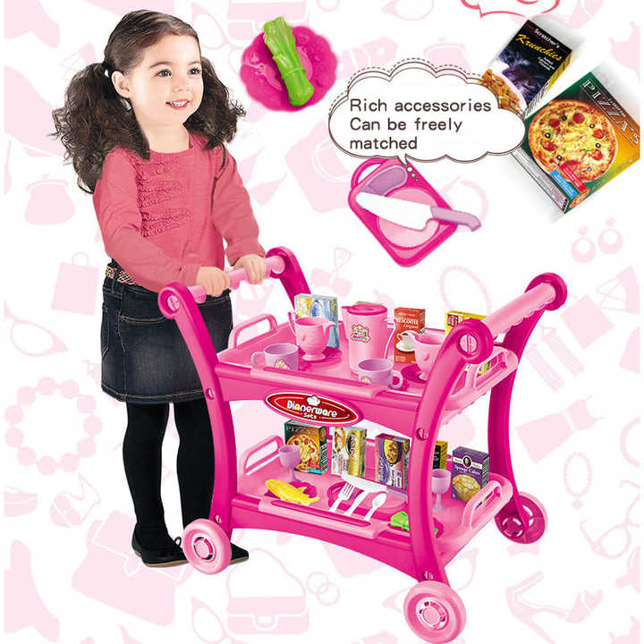 Pink Children's Pretend Play Kitchen Cart Set with Toys
