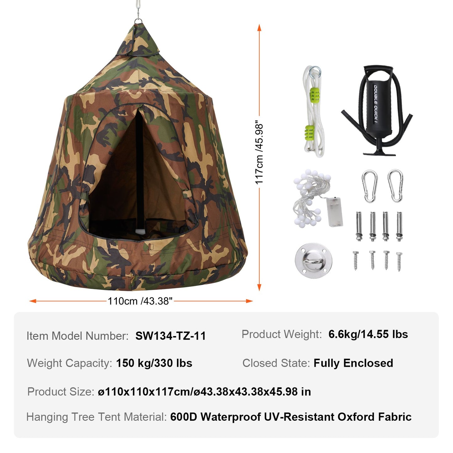 VEVOR Hanging Tree Tent, 330 LBS Capacity Hanging Tent Swing for Indoor and Outdoor Hammock Sensory Swing Chair w/LED