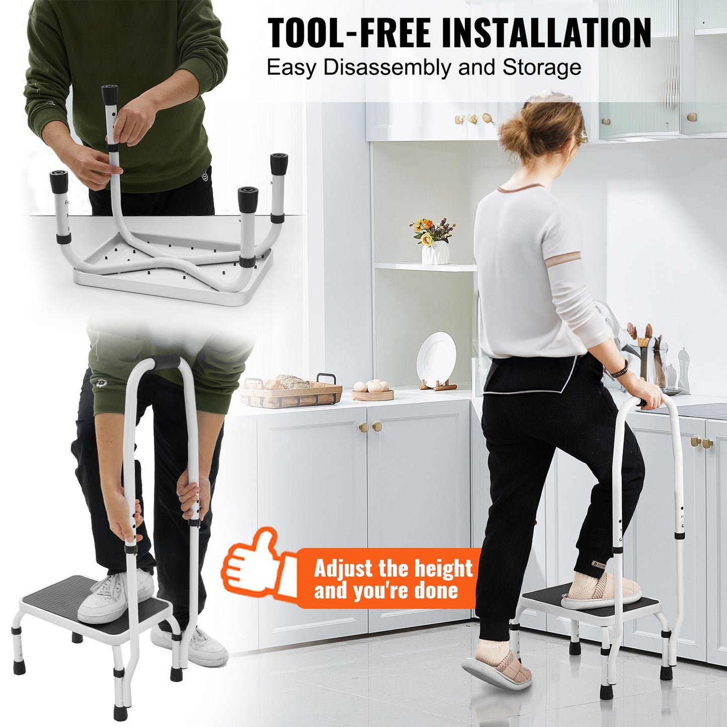 VEVOR Step Stool 1-Step 150KG Capacity, 3 Adjustable Height with Handle Steel Step Ladder, Portable Toddler Step Stools for Adults