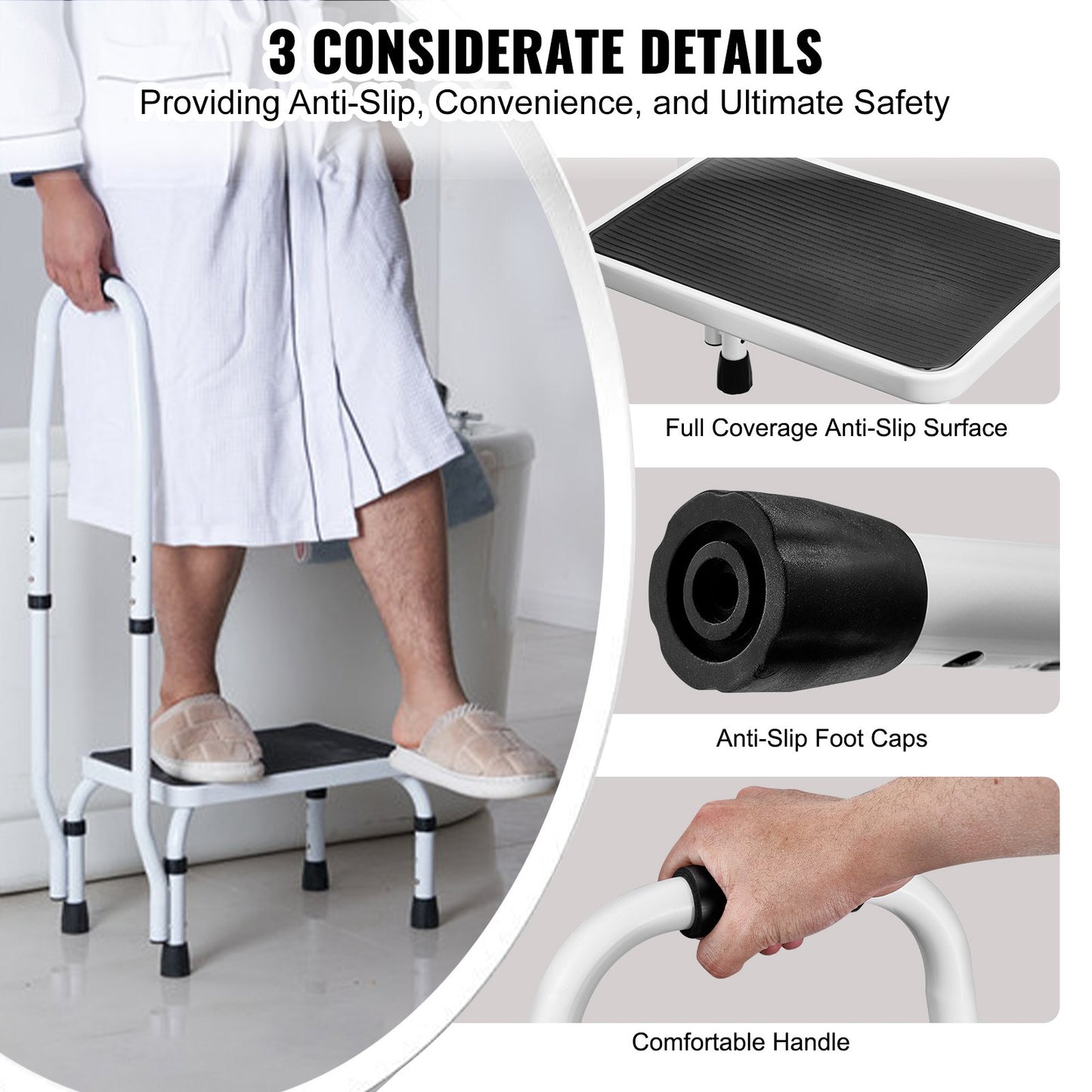 VEVOR Step Stool 1-Step 150KG Capacity, 3 Adjustable Height with Handle Steel Step Ladder, Portable Toddler Step Stools for Adults