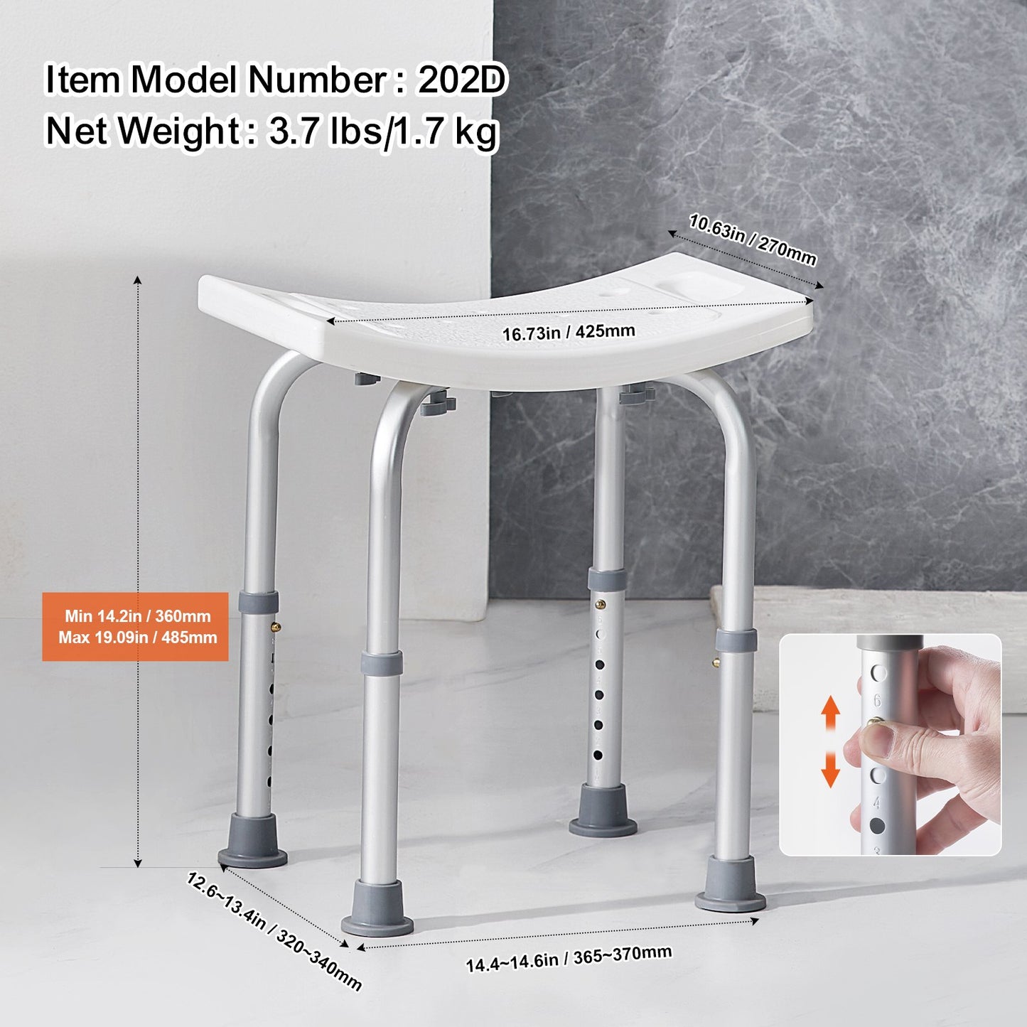 VEVOR Shower Chair, Adjustable Height Shower Stool with Built-in Handles, Shower Seat for Inside Shower or Tub, Non-Slip Bench Bathtub Stool Seat