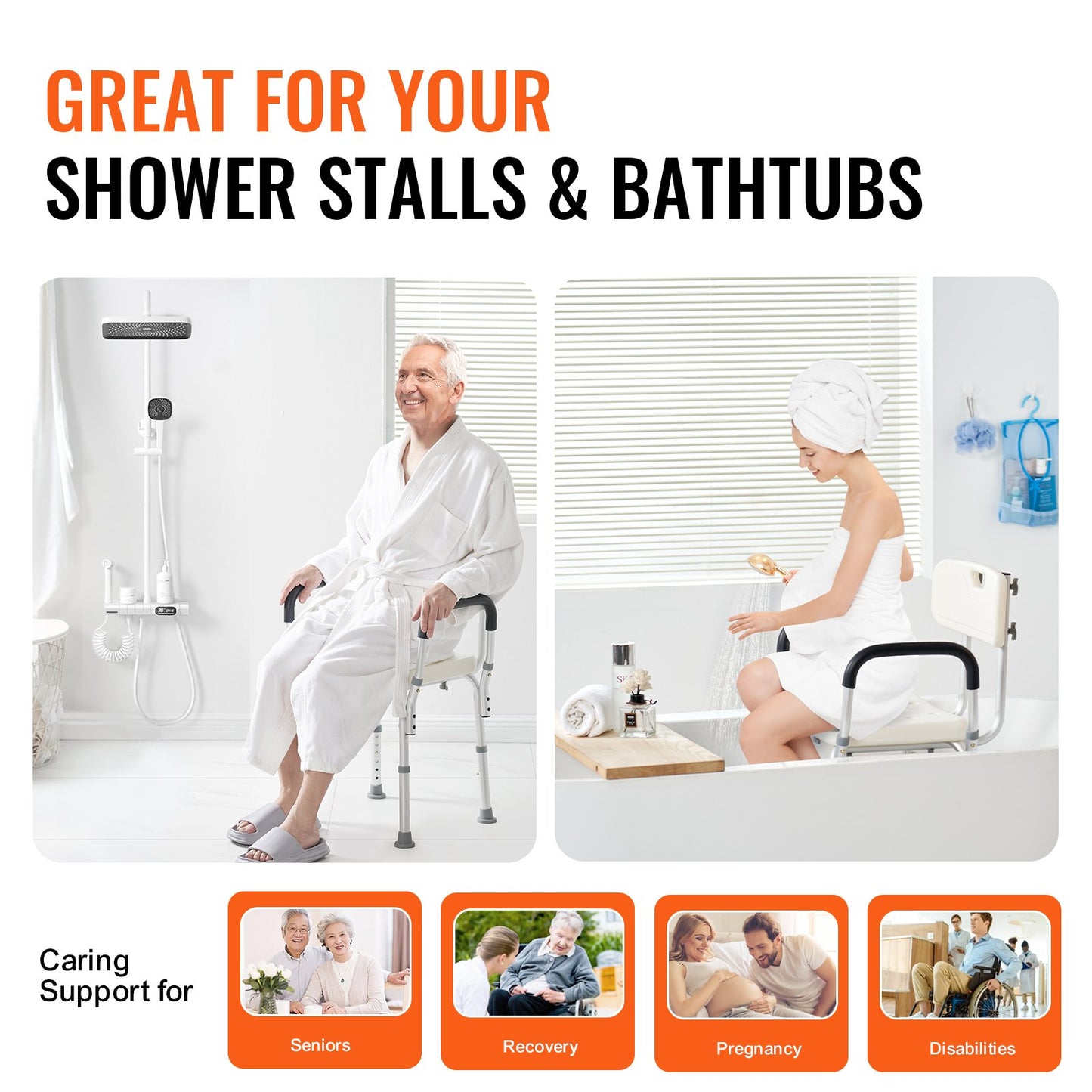 VEVOR Shower Chair, Shower Seat with Back, Adjustable Height Shower Stool, Shower Chair for Inside Shower Bathtub, Non-slip Bathroom Bench Bath Chair