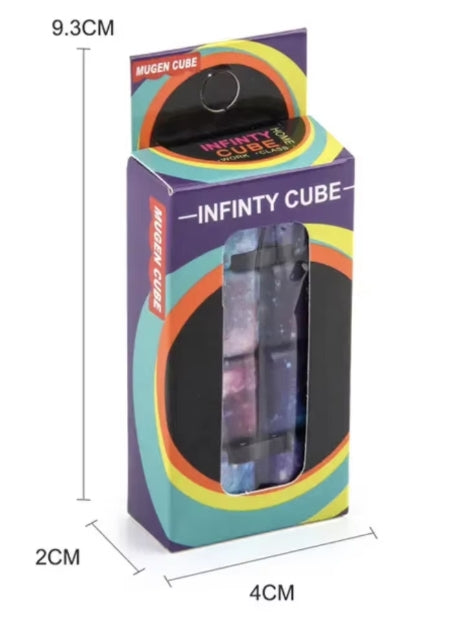 Box packaging of 'Infinity Cube' with dimensions displayed