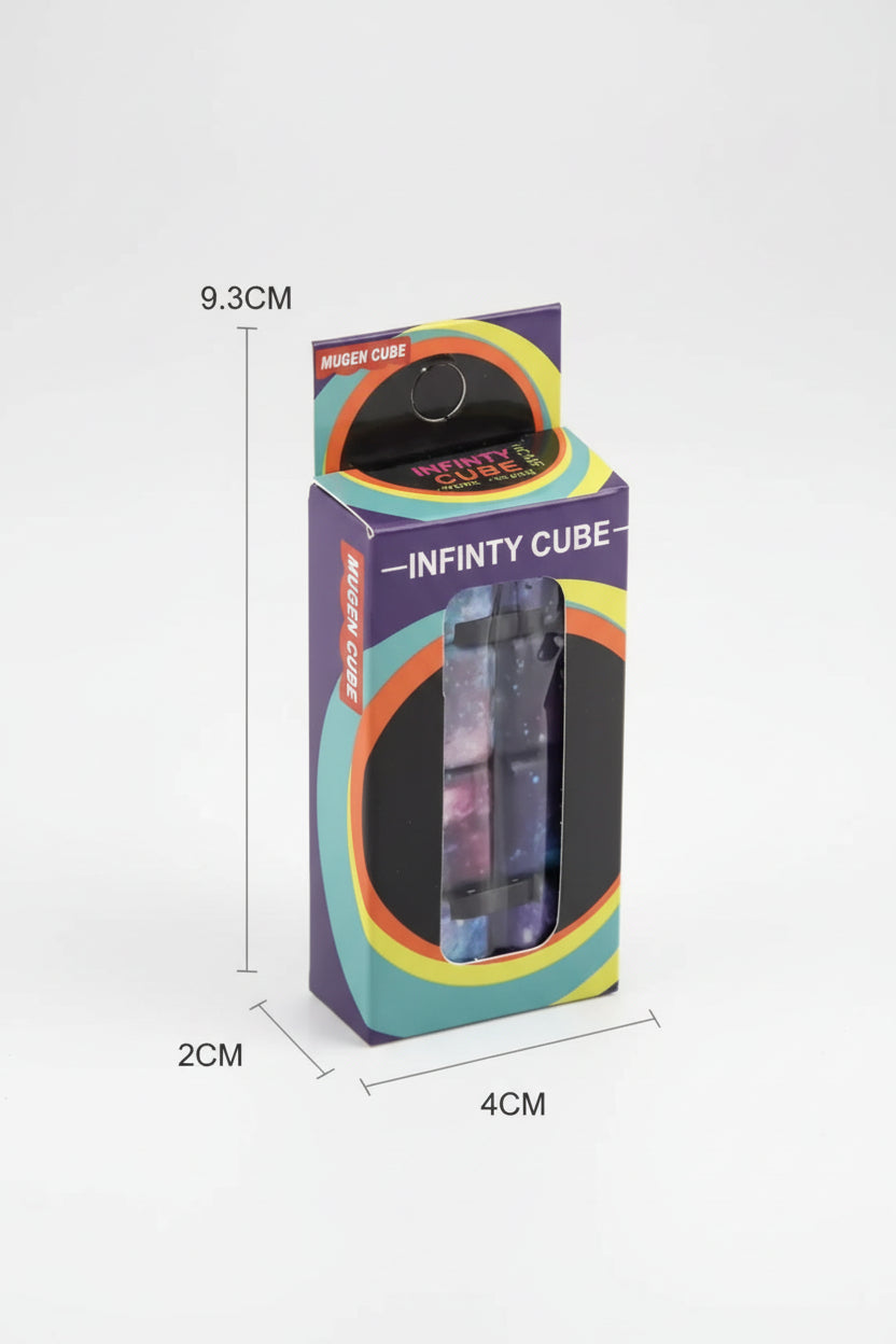 Box packaging of 'Infinity Cube' with dimensions displayed