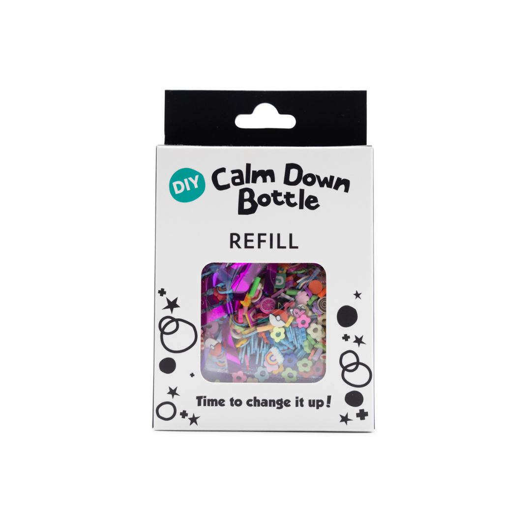 Package of DIY Calm Down Bottle refill with colorful contents on a white background