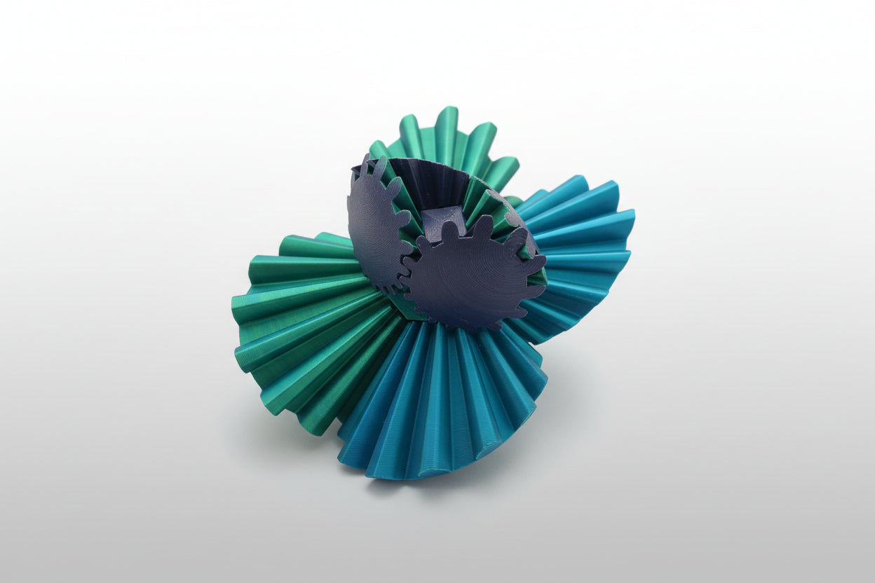 Blue and green gear- fidget spinner on a wooden surface
