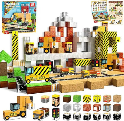 100-piece magnetic construction building cubes set showing a detailed construction site with trucks, cranes, workers, traffic lights and brick, concrete and road tiles. STEM learning toy for kids supporting fine motor skills, imaginative play and sensory building activities