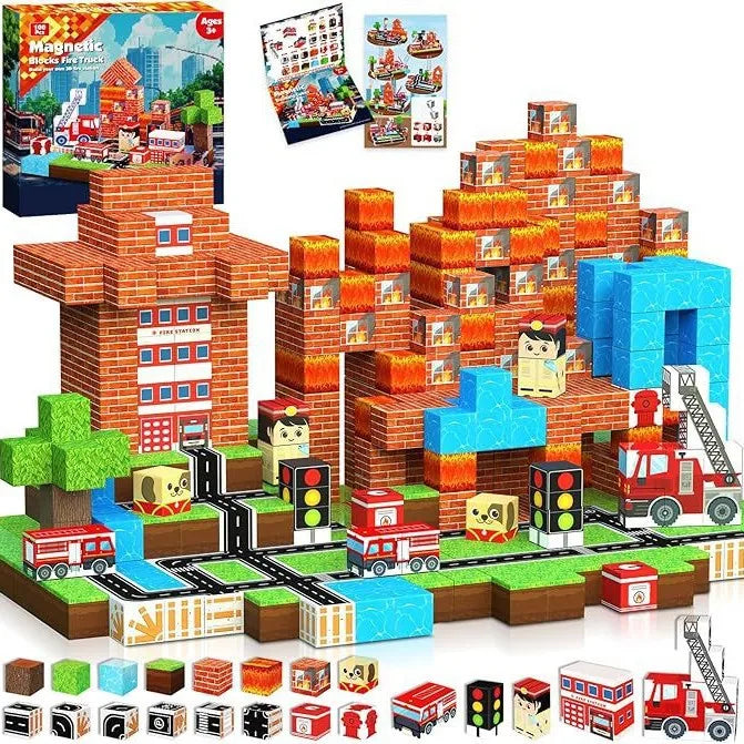 100-piece magnetic fire station building cubes set featuring fire trucks, firefighters, burning building blocks, water blocks, traffic lights, rescue scenes and character cubes. STEM construction toy for kids supporting sensory play, fine motor skills, creativity and imaginative emergency rescue play