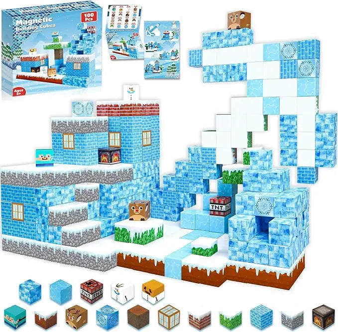 Magnetic building cube set arranged into an ice-themed winter scene featuring blue ice blocks, snowy rooftops, staircases, characters, animals, and TNT cubes; includes product box and illustrated instruction cards for creative STEM play.