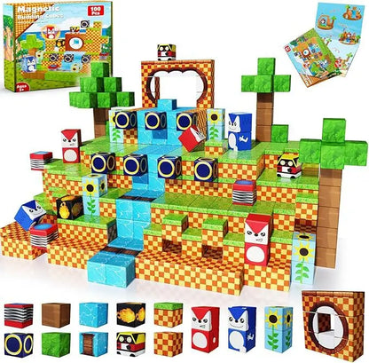 100-piece magnetic pixel-style building cube set inspired by classic Sonic landscapes, featuring checkered terrain, waterfalls, trees, character cubes, and themed block designs; includes product box and instruction cards.