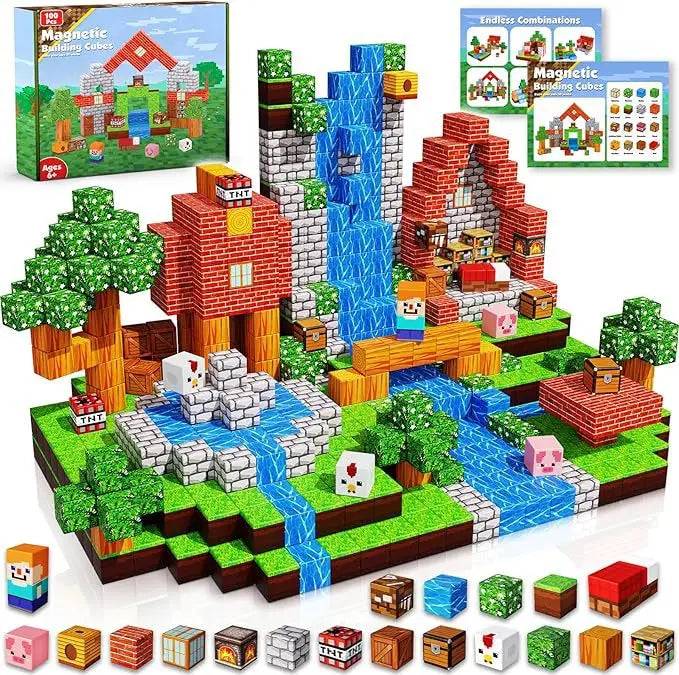 100-piece magnetic waterfall village building cubes set featuring brick houses, flowing water blocks, trees, character cubes, TNT blocks, treasure chests and grassy terrain. Minecraft-style STEM construction toy for kids supporting sensory play, fine motor skills, creativity and imaginative building