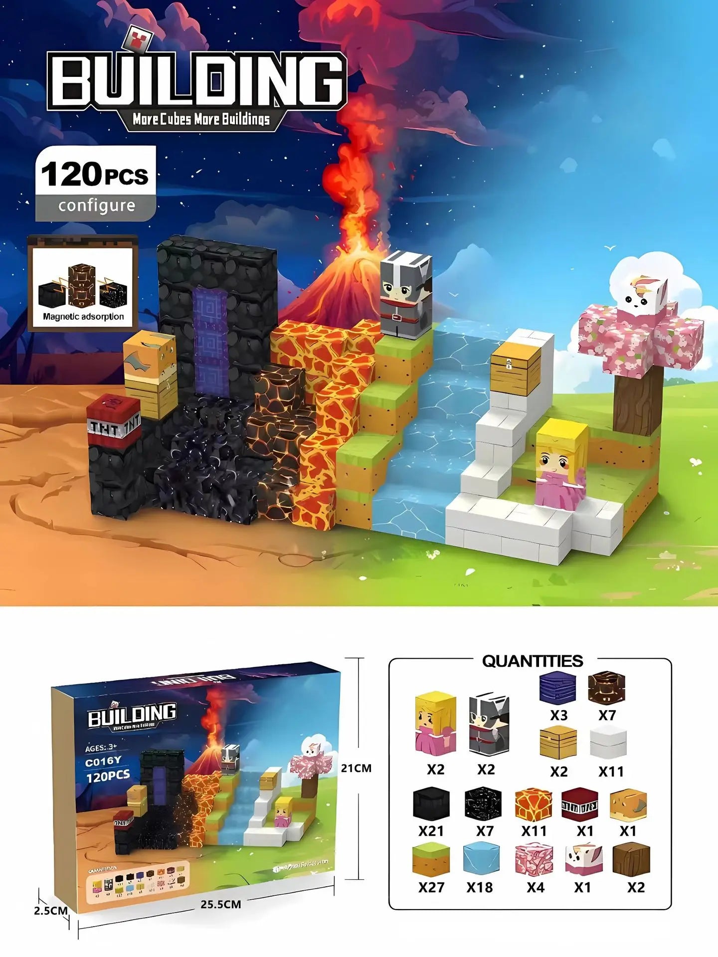 120-piece magnetic volcano adventure building cubes set featuring lava blocks, nether portal blocks, water steps, grassy terrain, character cubes and cherry blossom tree elements. STEM construction toy for kids supporting sensory play, fine motor skills, creativity and imaginative building
