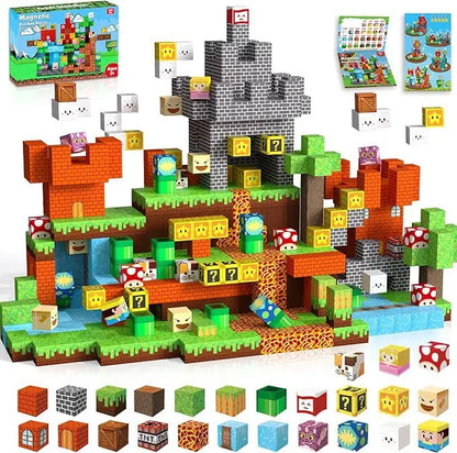 150-piece magnetic adventure building cubes set creating a video-game style world with castles, trees, lava, water blocks, character cubes and mystery boxes. Colourful STEM construction toy for kids promoting sensory play, fine motor skills, creativity and imaginative building