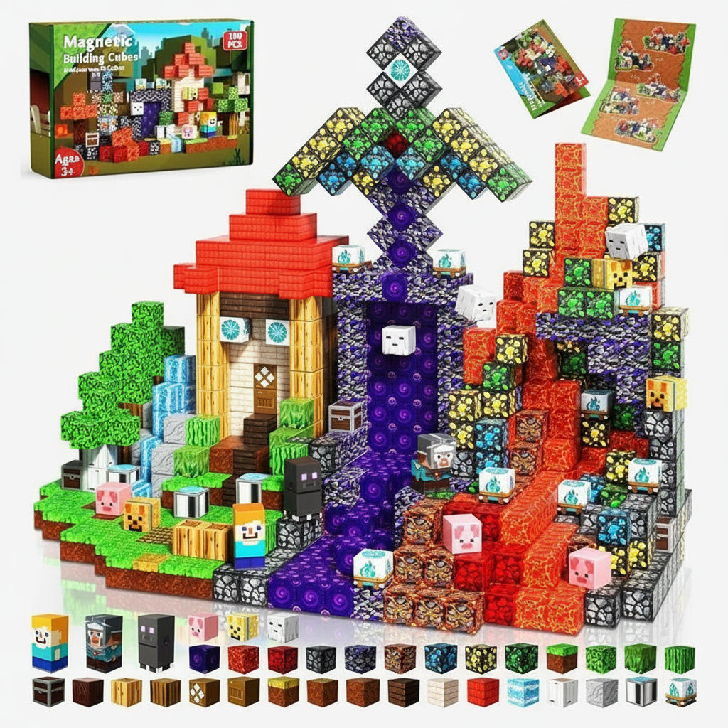 Minecraft-themed building blocks set with colorful characters and structures, including a tower and village scene, on a white background.
