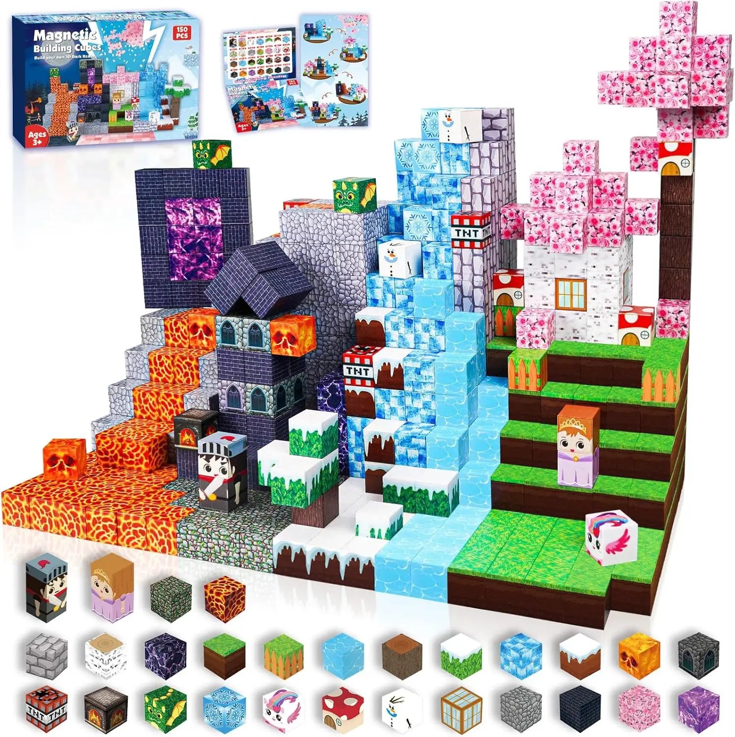 Colourful 150-piece magnetic building cube set arranged into a fantasy world scene featuring lava, ice mountains, cherry blossom trees, houses, characters, and assorted pixel-style cubes; includes product box and instruction cards for creative STEM play.